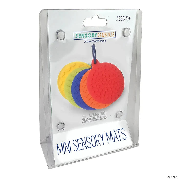 Five textured round mats in red, orange, blue, green, and yellow on a blue clip inside clear retail packaging.