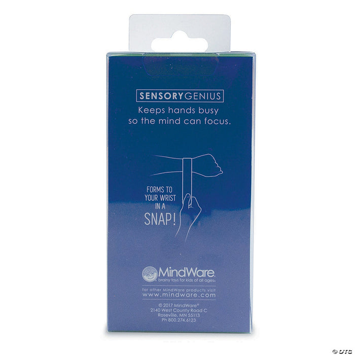 Blue packaging for Sensory Genius with a line drawing of a hand snapping a band onto a wrist.