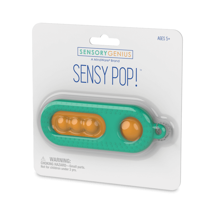 Teal textured oval fidget toy with four orange popping buttons in retail blister pack packaging.