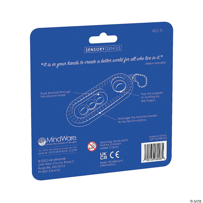 Blue toy packaging back showing a white diagram of a handheld sensory toy's features, safety logos, and a barcode.