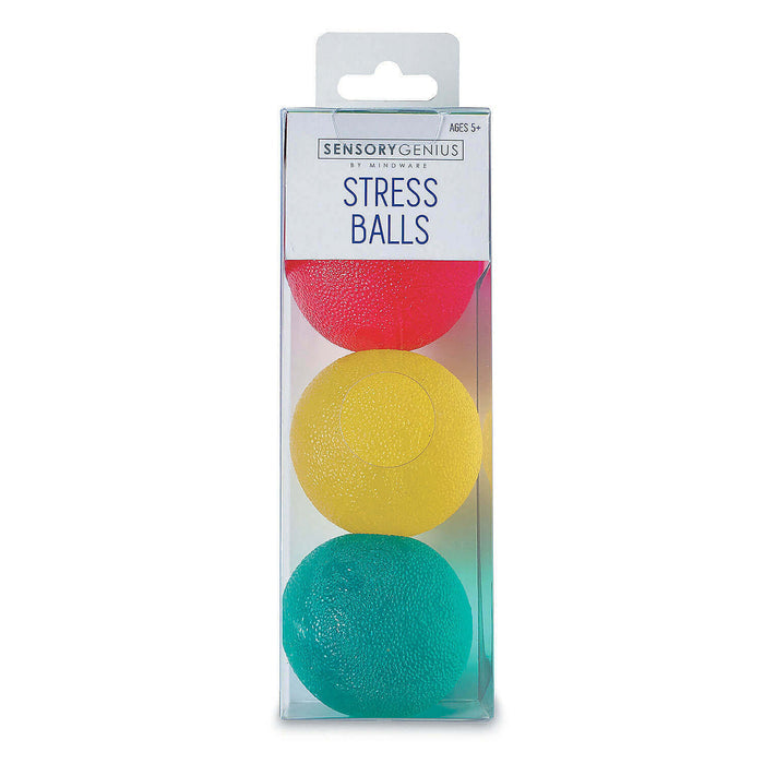 Three textured stress balls in red, yellow, and teal stacked vertically in a clear plastic box with blue labeling.
