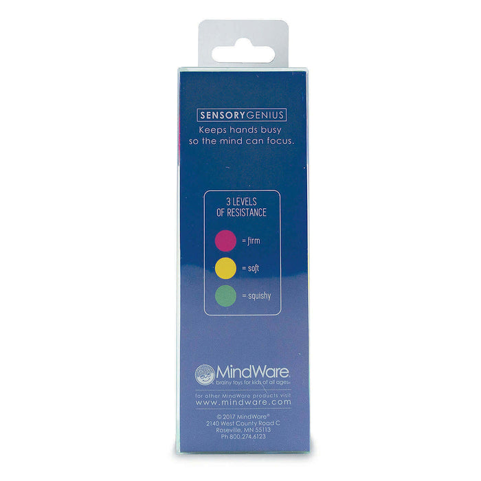 Back of blue packaging showing three resistance levels: firm pink, soft yellow, and squishy green circles.