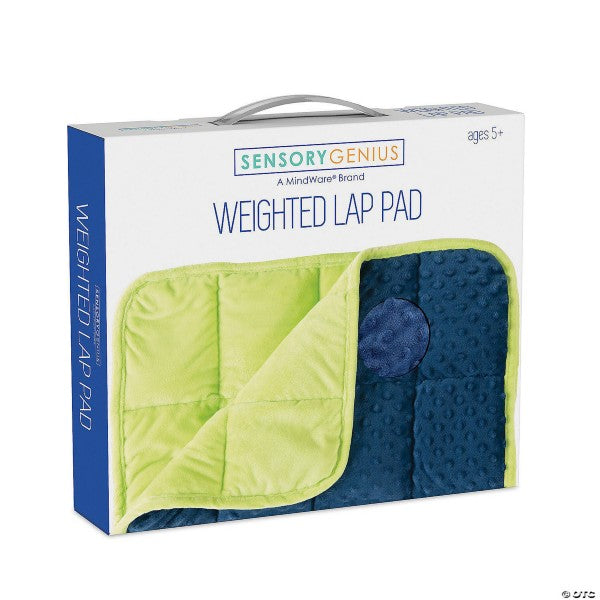 White product box with handle showing a reversible lime green and dimpled navy blue quilted weighted lap pad.