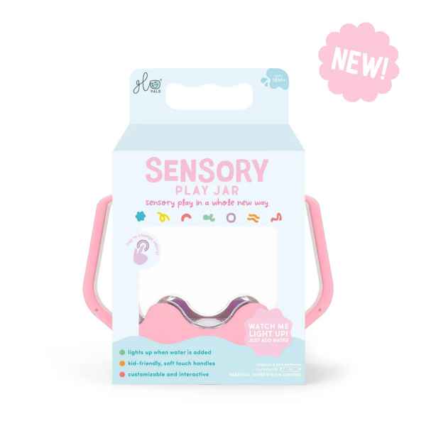 Light blue and pink box for a sensory jar with soft-touch handles and a pink NEW! starburst icon.