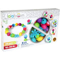 White box of 36 colorful, multi-textured chunky beads in round and flower shapes, shown in a snap-together ring.