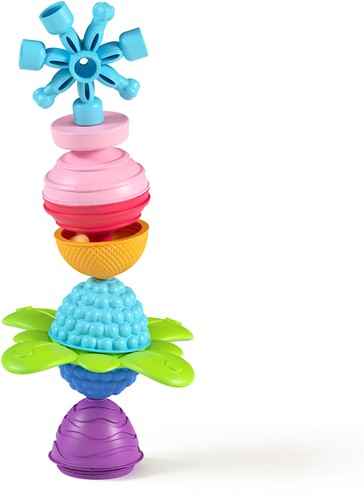 Vertical stack of textured sensory toy beads in blue, pink, orange, and purple with a snowflake top.