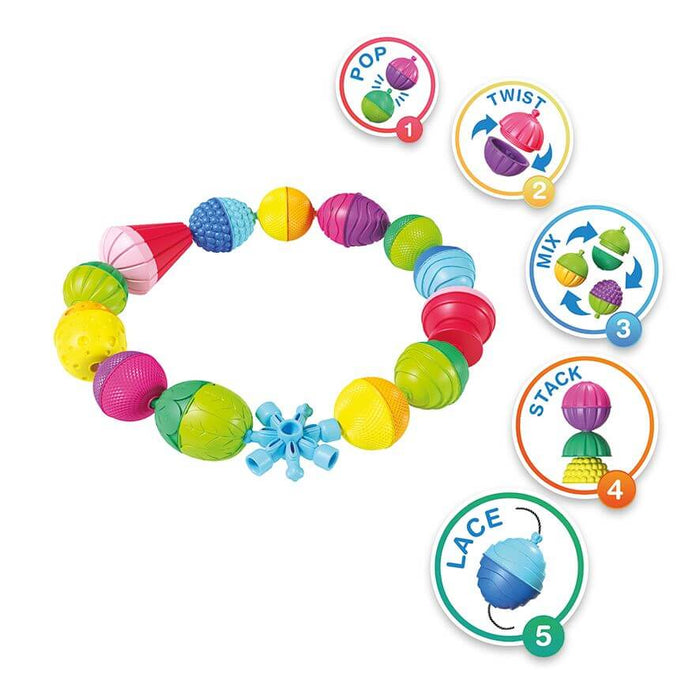Ring of colorful textured sensory beads with icons for popping, twisting, mixing, stacking, and lacing.