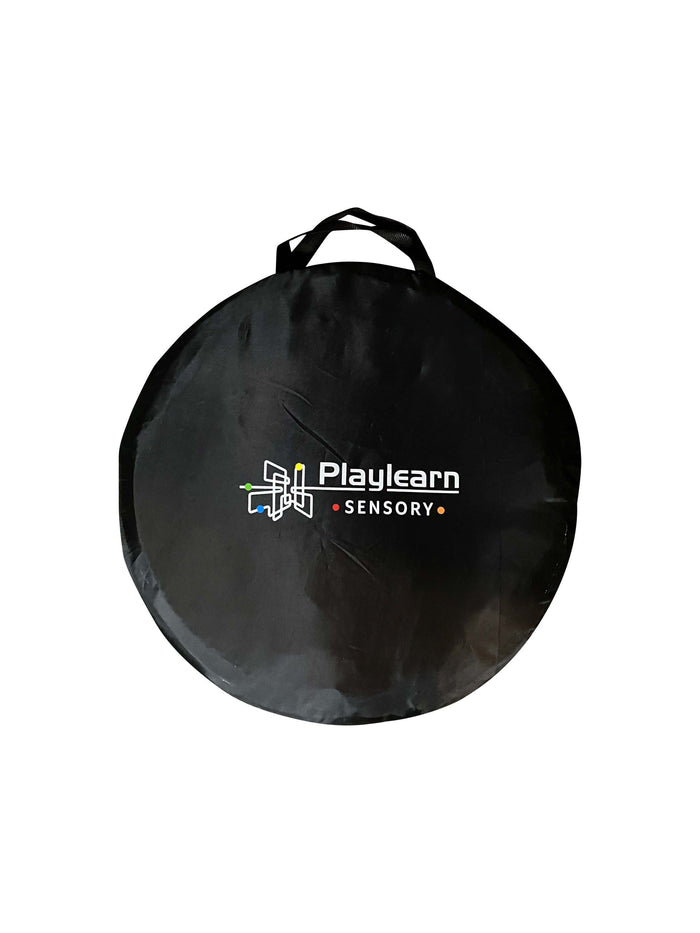 Round black storage bag with a handle featuring the Playlearn Sensory logo in white, red, yellow, and blue.