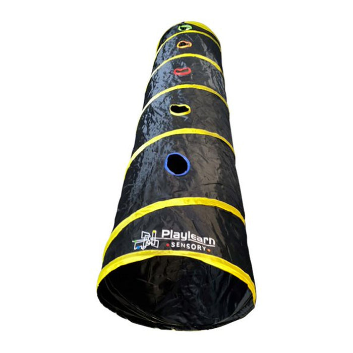 Black pop-up play tunnel with yellow ribbed rings and five small color-coded circular windows along its length.