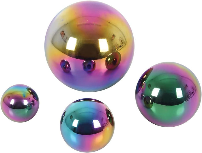 Four shiny, iridescent spheres in various sizes featuring a reflective, metallic rainbow finish on a white background.