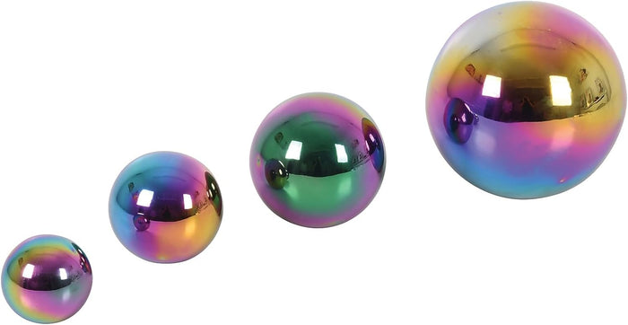 Four iridescent rainbow spheres in graduated sizes with highly reflective surfaces on a white background.