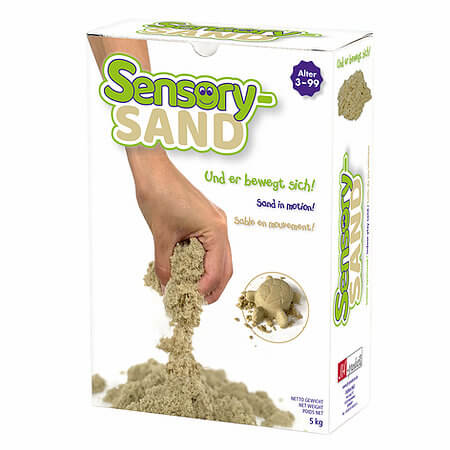 White box of tan sensory sand showing a hand squeezing sand and a molded turtle. Labeled 5kg net weight.