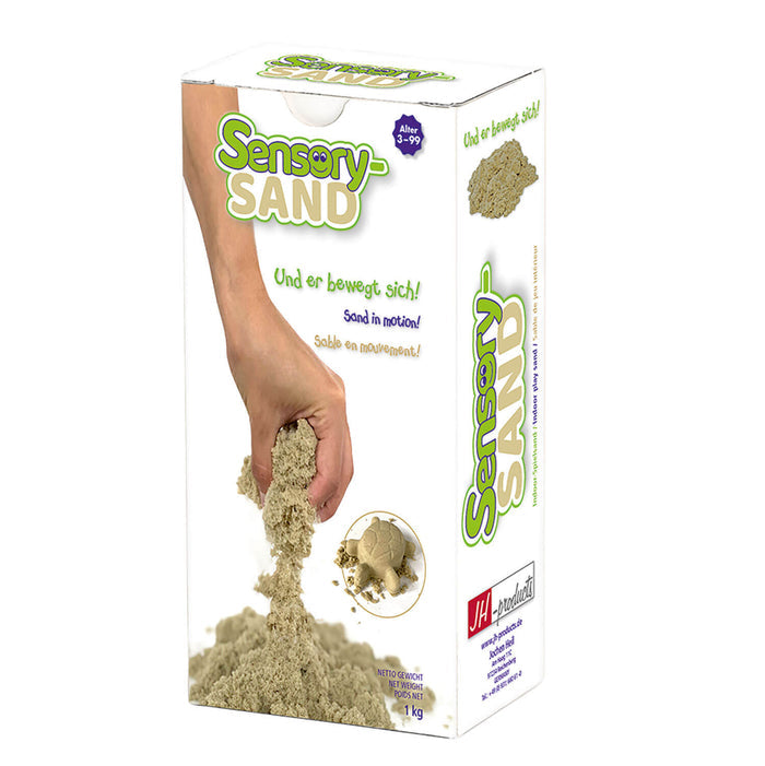 1kg box of tan kinetic sand showing a hand pouring sand, a sand turtle mold, and green and white logo.