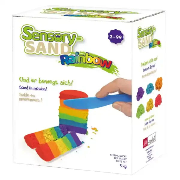 White box showing rainbow-layered sand being sliced by a blue toy knife. Net weight 5kg and multi-colored sand piles shown.