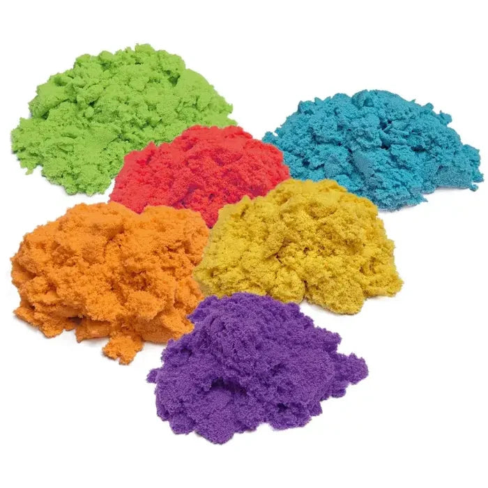 Six colorful piles of moldable sensory sand in shades of green, blue, red, orange, yellow, and purple.