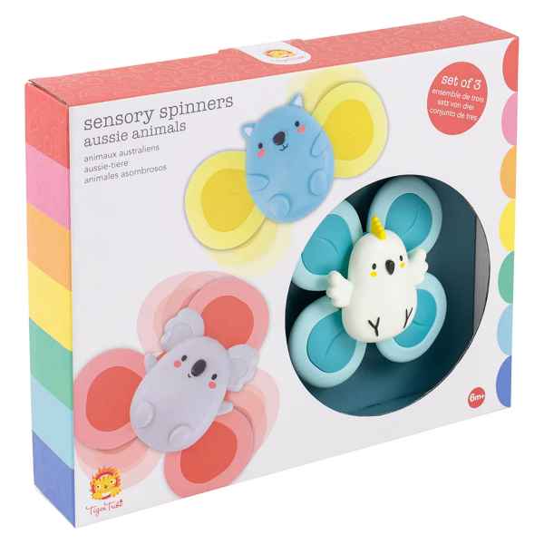 Boxed set of 3 sensory spinners with a white cockatoos toy in a window, plus blue wombat and grey koala illustrations.