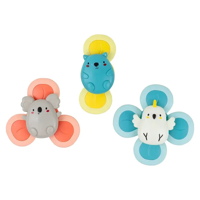 Three sensory suction cup spinners featuring a grey koala, blue animal, and white bird on colorful rotating blades.