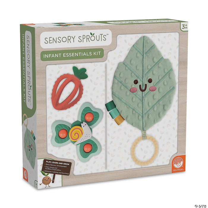 Boxed baby toy kit with an orange teether, green snail spinner, and plush smiling leaf toy with a wooden ring.
