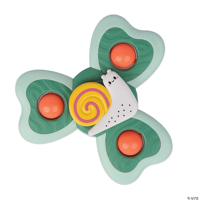 Green three-arm sensory spinner with orange pop bubbles and a white snail with a yellow spiral shell in the center.