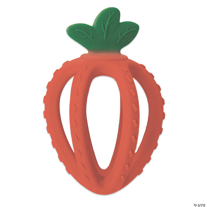 Red strawberry-shaped infant teether with green leaves and a bumpy, open-cage design for easy gripping.