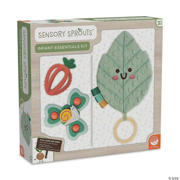 Boxed infant set with a red carrot teether, green butterfly popper toy, and a smiling plush leaf with a ring.