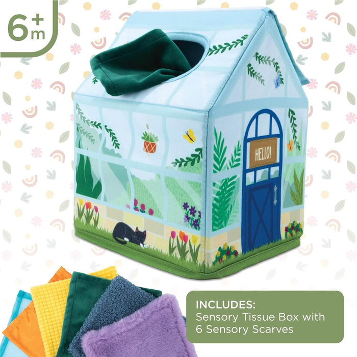 Plush greenhouse-shaped sensory box with six colorful textured fabric scarves for babies 6 months and older.