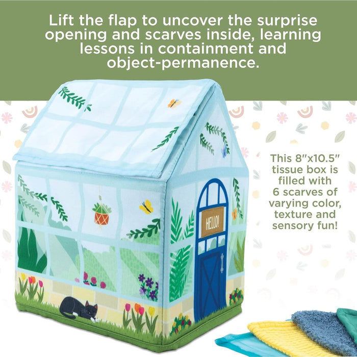 Soft greenhouse-shaped tissue box with plant illustrations, a liftable roof flap, and colorful textured scarves.