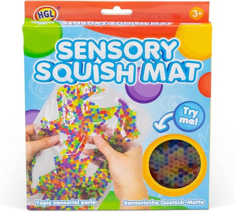 Toy box showing hands squeezing a clear mat filled with rainbow beads, with a circular textured Try me window.