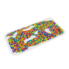 Rectangular clear plastic mat filled with small, multi-colored rainbow gel beads.