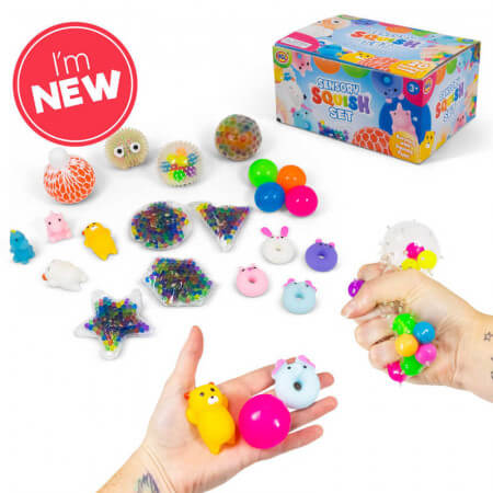 Assortment of colorful squishy toys, animals, and bead-filled shapes with packaging and hands squeezing the product.