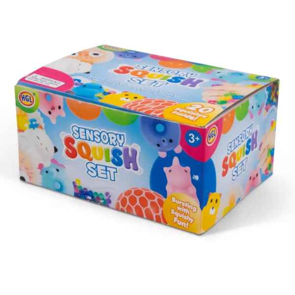 Colorful blue box for Sensory Squish Set featuring illustrations of various animal-shaped toys and mesh balls.