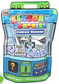 Blue and green vending machine pouch with colorful Sensory Surprise text and a claw grabbing silver foil toy bags.