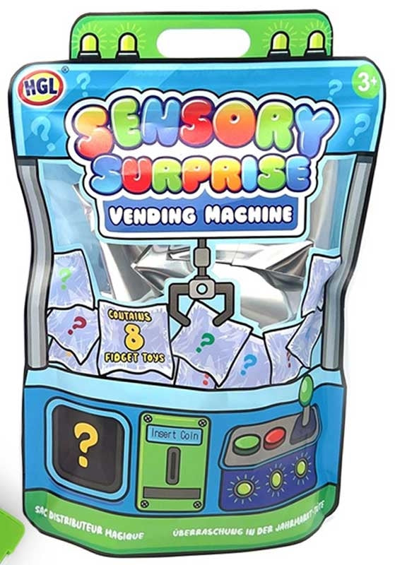 Blue and green vending machine pouch with colorful Sensory Surprise text and a claw grabbing silver foil toy bags.