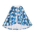 Sparkly blue sequined cape featuring white stars and crescent moons, flared shape, and white fabric lining.