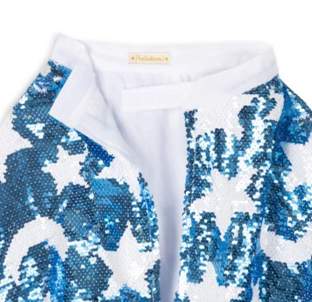 Blue and white sequined cape with a star pattern, white lining, and a Velcro neck closure.