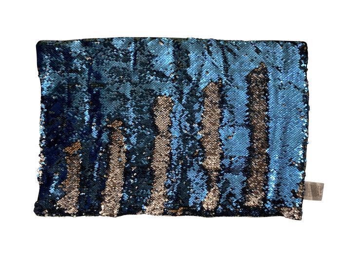 Rectangular blue and silver reversible sequin lap pad featuring five vertical stripes.
