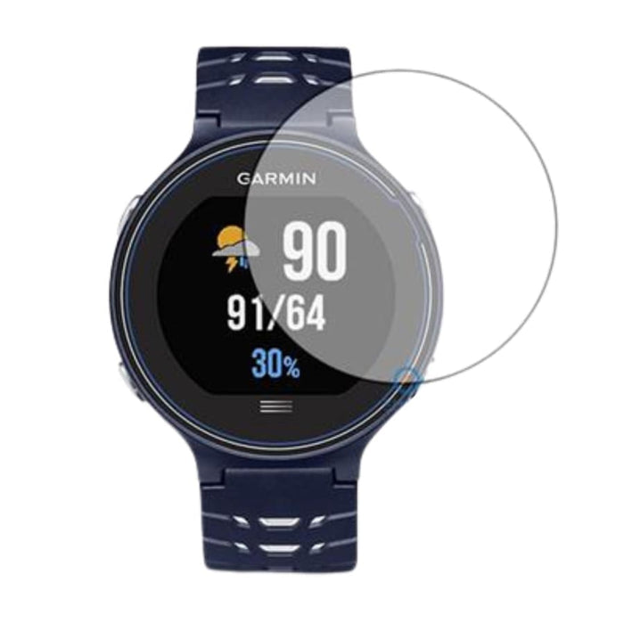 Garmin Forerunner 630 smartwatch with navy Series Screen Protector, showing a close-up of the protective film on the watch face.