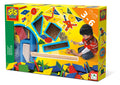 Bright yellow toy box showing colorful wooden shapes, a hammer, and a boy pinning designs onto a cork board.