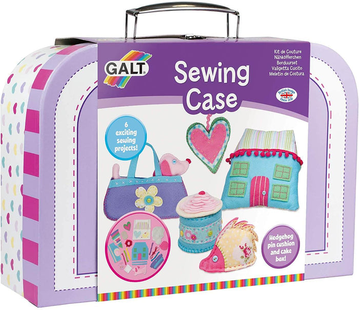 Purple suitcase with a metal handle for Galt Sewing Case, featuring colorful felt projects like a heart and hedgehog.