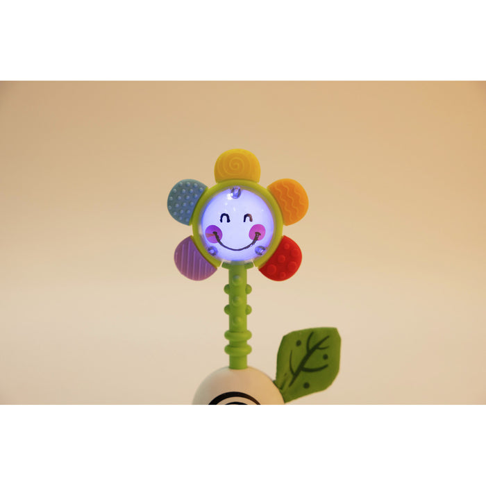 Flower-shaped baby rattle with a glowing smiley face, five colorful textured petals, and a green textured stem.