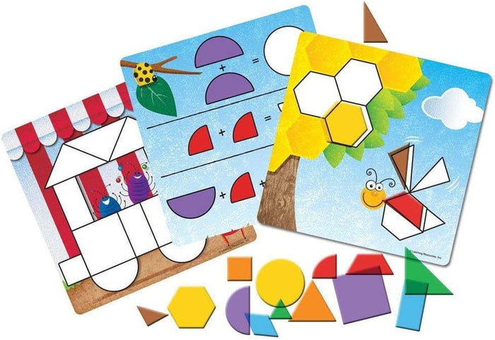 Three bug-themed activity cards with geometric puzzles and colorful plastic shapes like circles, triangles, and hexagons.