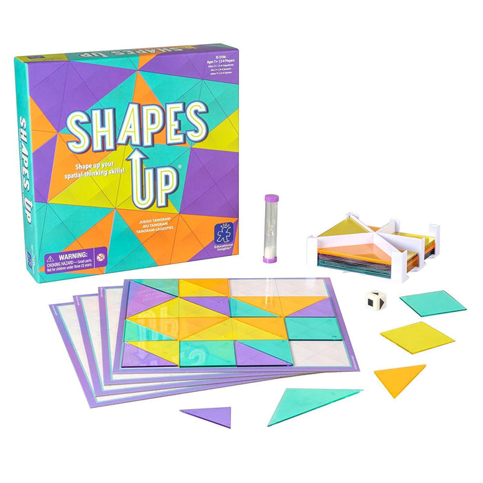 Colorful board game box with translucent plastic geometric pieces, gridded game boards, a die, and a sand timer.