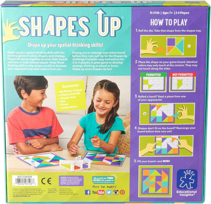 Back of a teal game box showing two kids playing and five illustrated steps for how to play with colorful shapes.
