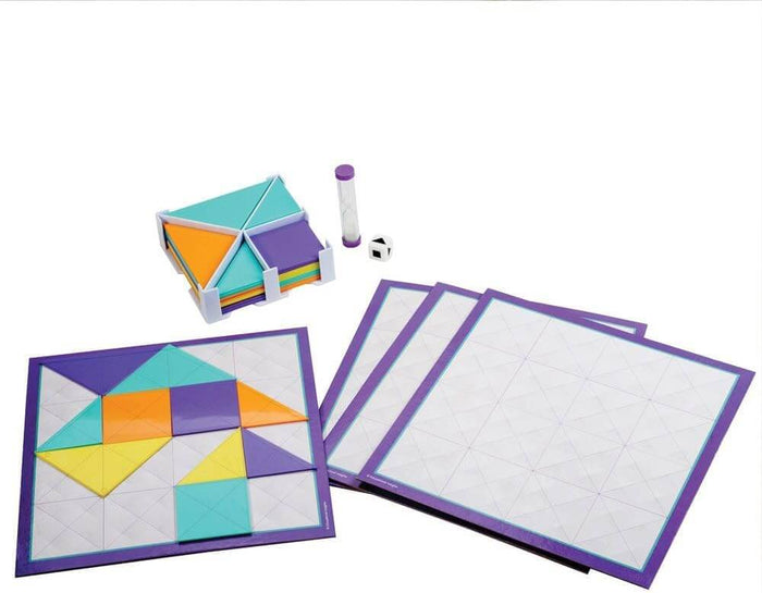 Colorful triangle and square tiles on a grid game board, with a tile holder, sand timer, die, and extra boards.