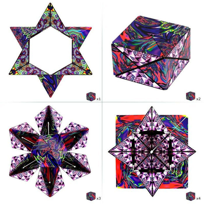 Four kaleidoscopic shapes with vibrant purple and blue swirling patterns, including a cube and 3D geometric stars.