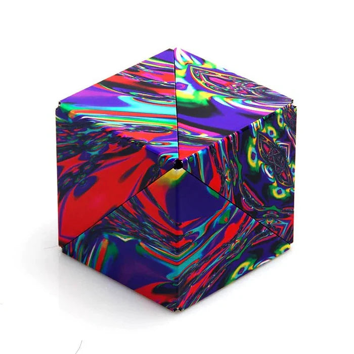 Cube-shaped puzzle featuring a vibrant, swirling psychedelic pattern of red, blue, green, and yellow.