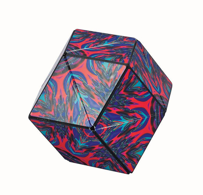 A multi-faceted geometric puzzle cube with a vibrant red, blue, and teal psychedelic swirling pattern.