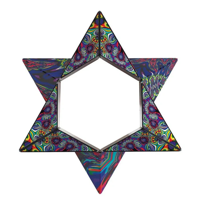 Six-pointed star puzzle with vibrant, psychedelic kaleidoscope patterns in blue, purple, red, and green.