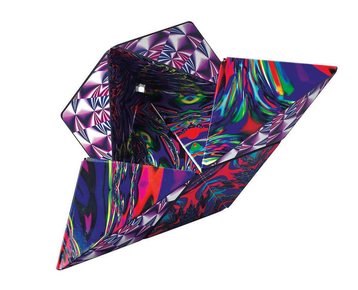 3D geometric puzzle unfolded into a star shape with colorful psychedelic swirls and purple diamond patterns.