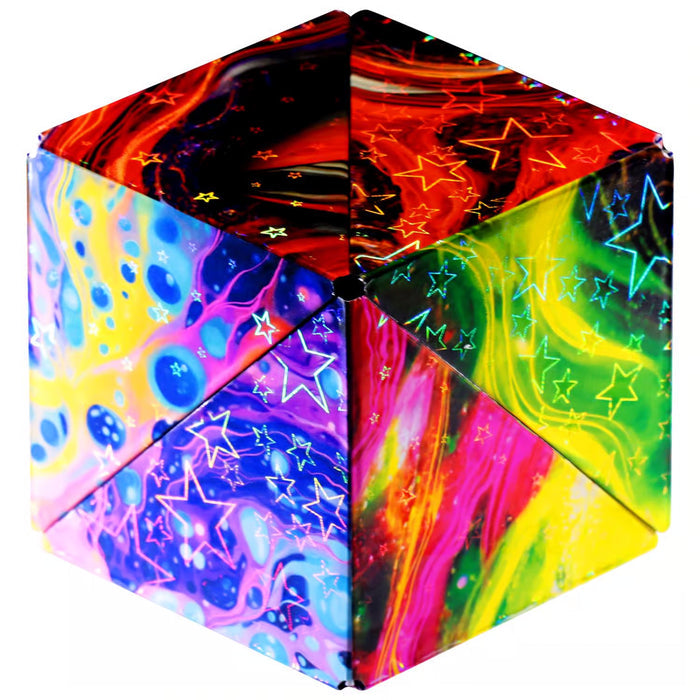 Geometric puzzle cube featuring vibrant psychedelic swirls and reflective holographic star outlines.